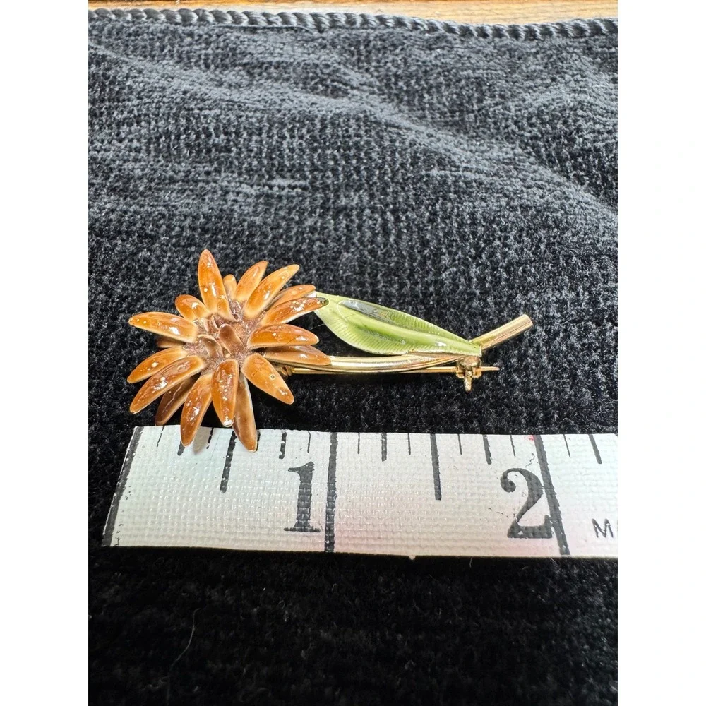 Vintage Enamel Flower Brooch Brown Green Gold Tone Mid Century Floral Pin 2.25